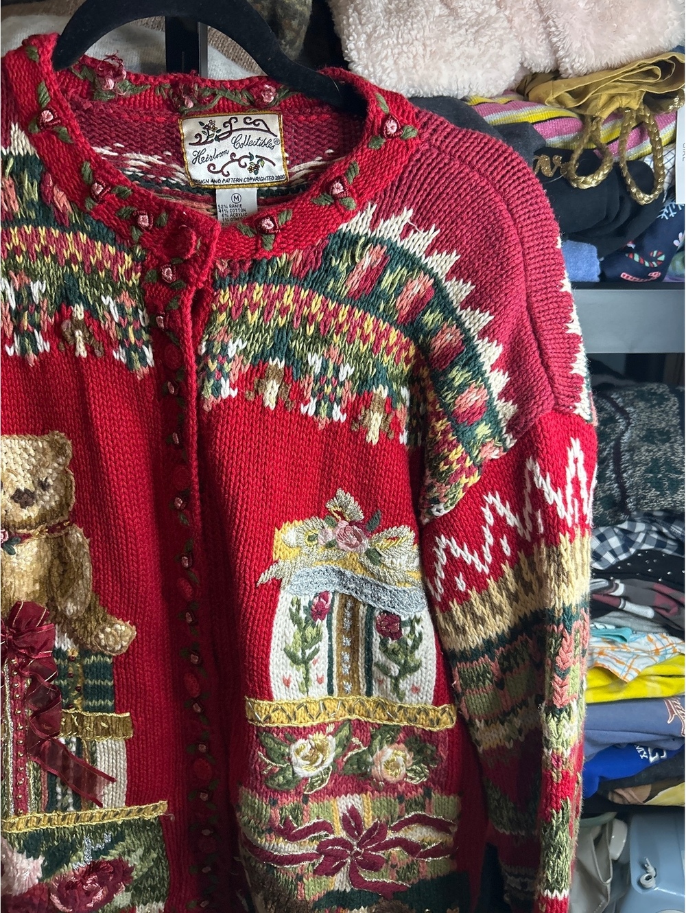 Heirloom Collectibles Red Embroidered Knit Cardigan Sweater with Holiday Motifs